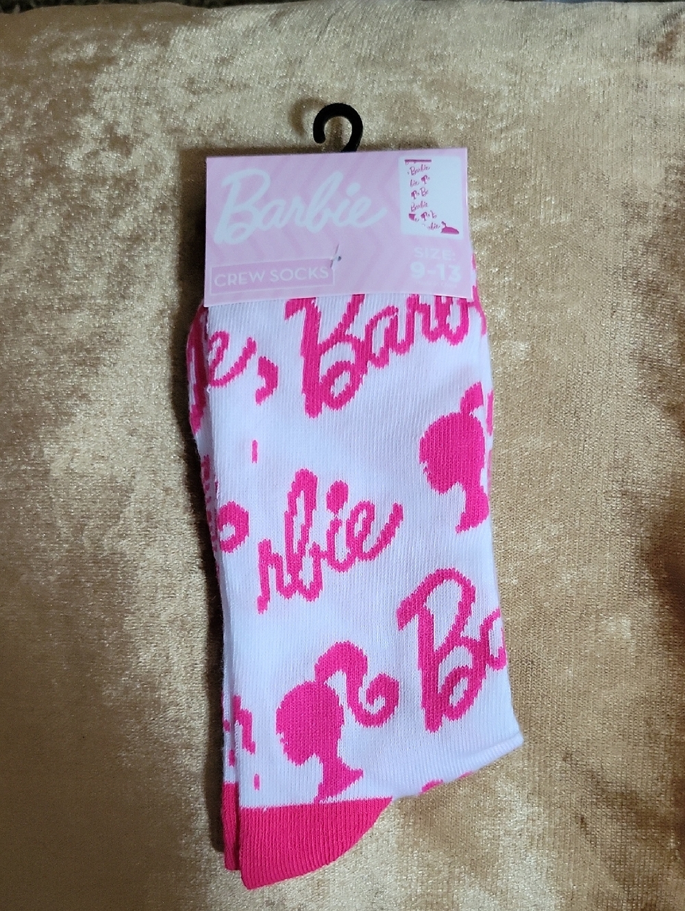 Mattel Barbie White Crew Socks with Hot Pink Logo and Silhouettes